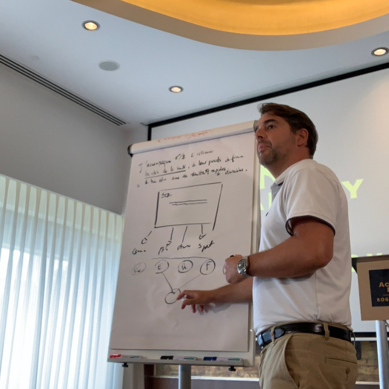 Mathieu Nadal, coach business en Suisse, présentant une stratégie de croissance devant un tableau lors d'une session de coaching